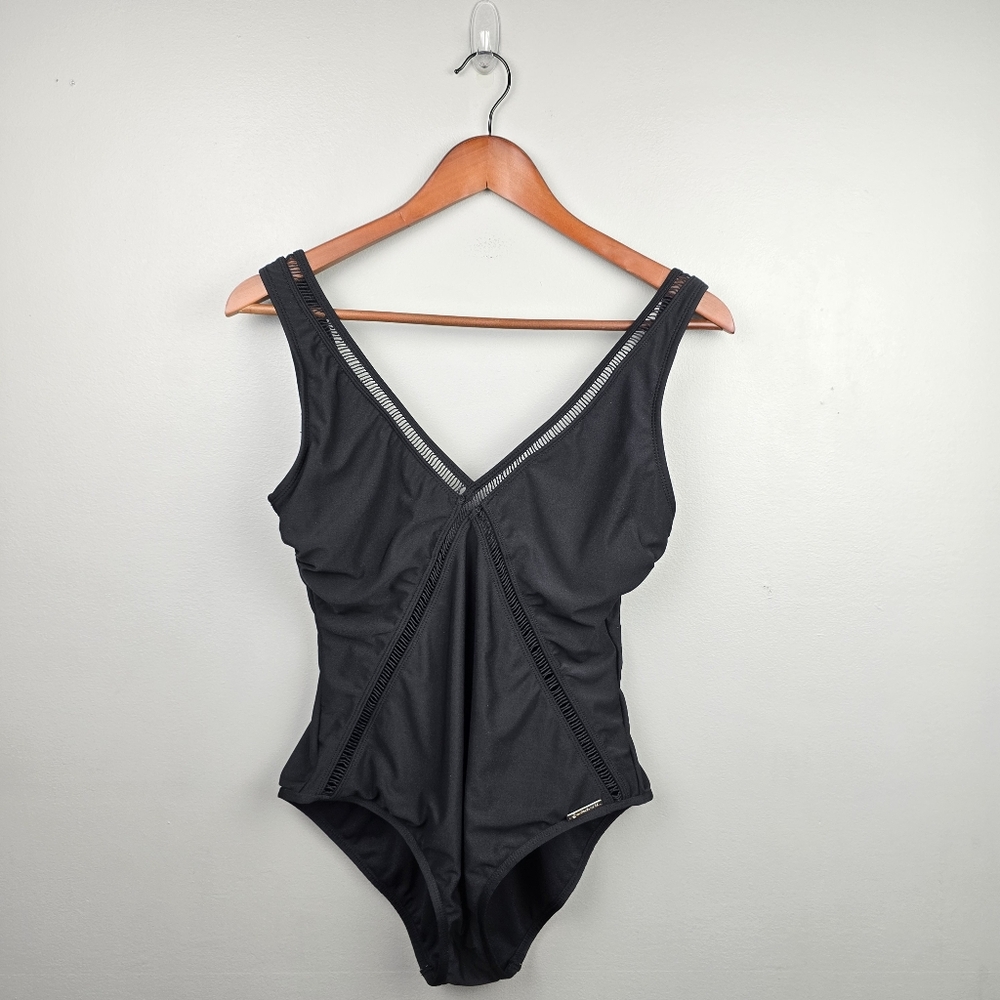 Michael Kors V-neck Mesh One Piece‎ Swimsuit Black Womens Sz 14 Timeless Chic